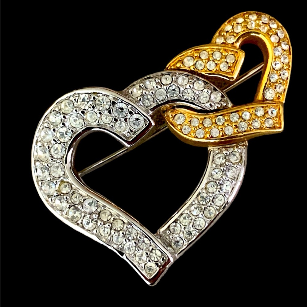 Swarovski Signed Double Hearts Silver and Gold Plated Pin Brooch Vintage